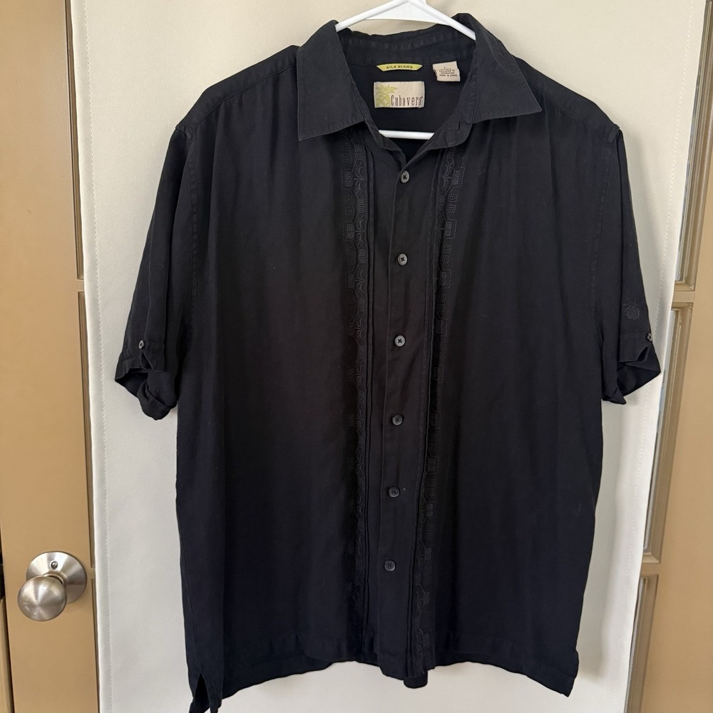Cubavera Men's Large Black Embroidered Silk‎ Blend Short Sleeve Button Up Shirt - Picture 3 of 7